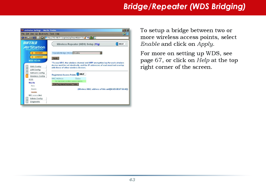 Buffalo Technology WHR-HP-G54 user manual Bridge/Repeater WDS Bridging 