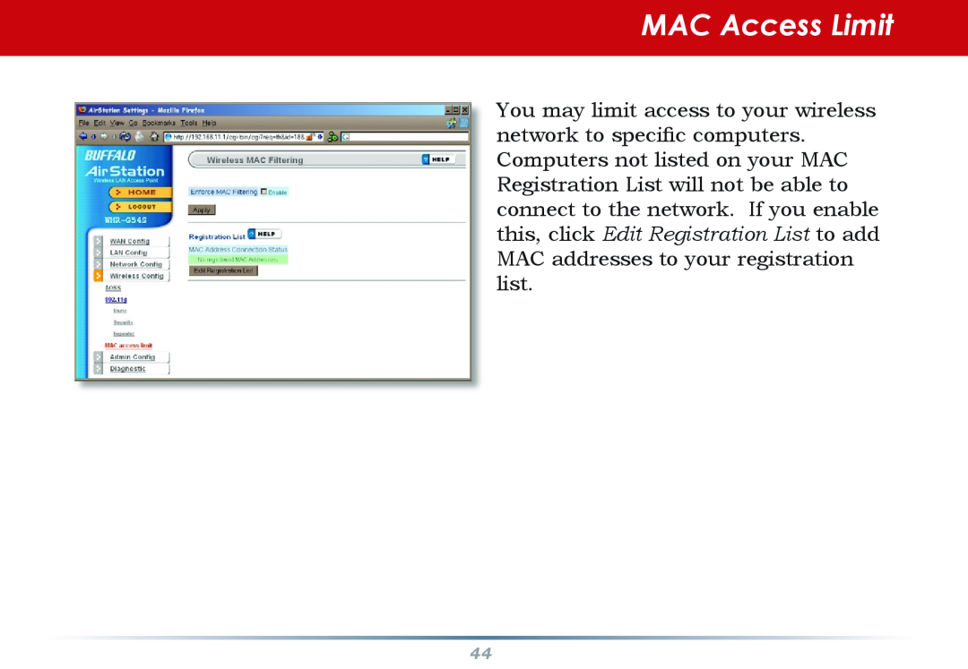 Buffalo Technology WHR-HP-G54 user manual MAC Access Limit 