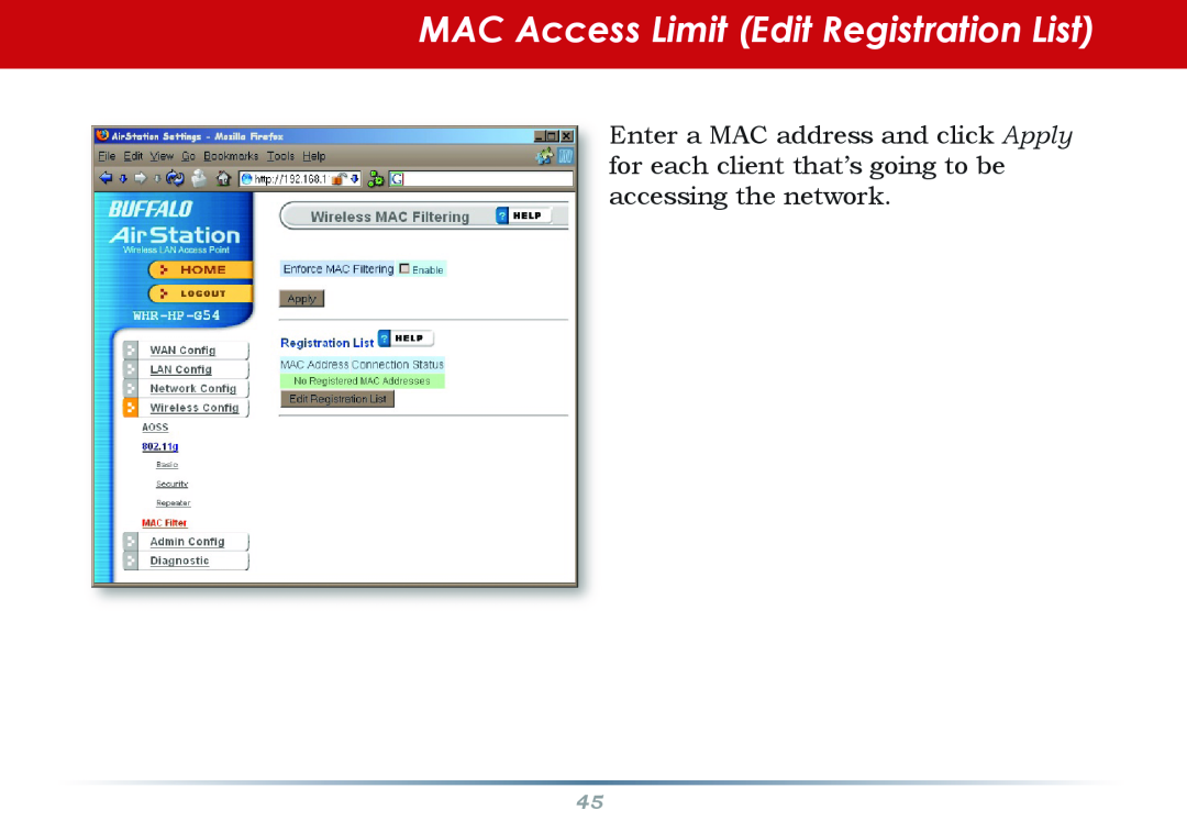 Buffalo Technology WHR-HP-G54 user manual MAC Access Limit Edit Registration List, Advanced Settings 