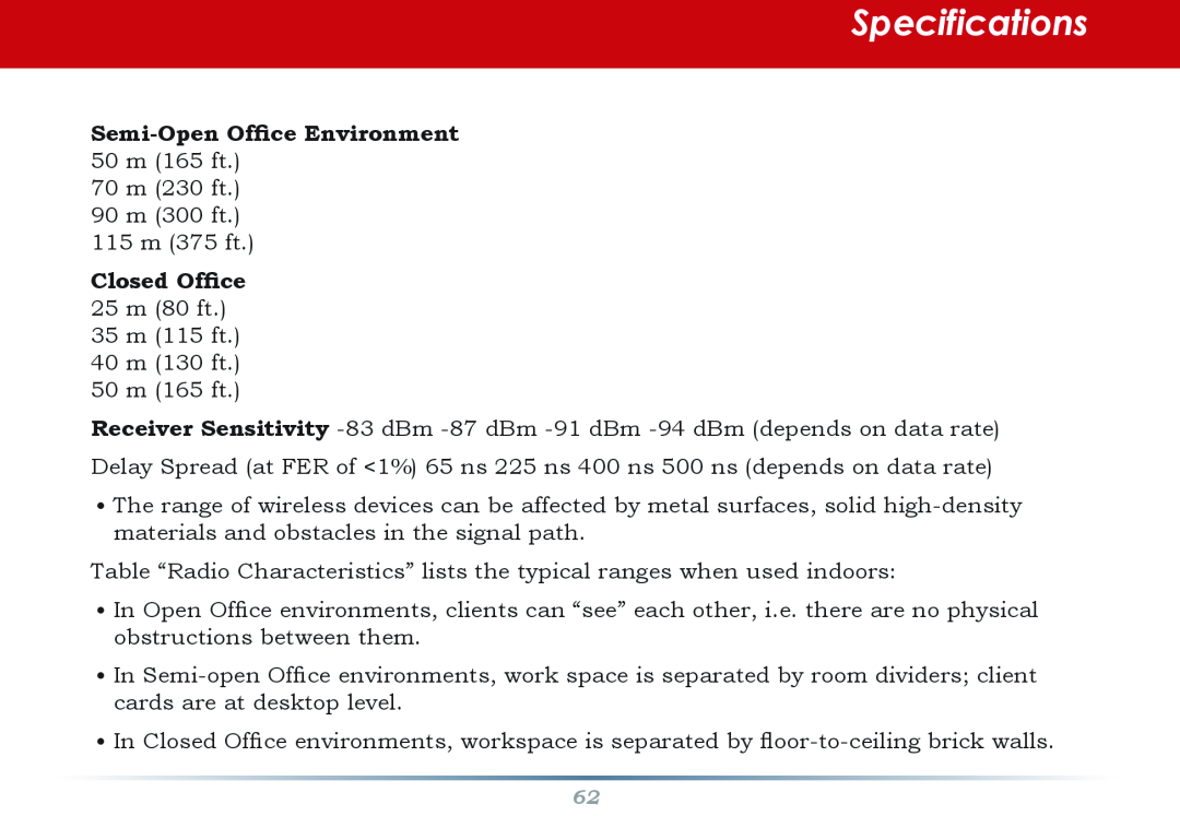 Buffalo Technology WHR-HP-G54 Specifications, Semi-Open Office Environment 50 m 165 ft, Closed Office 25 m 80 ft 