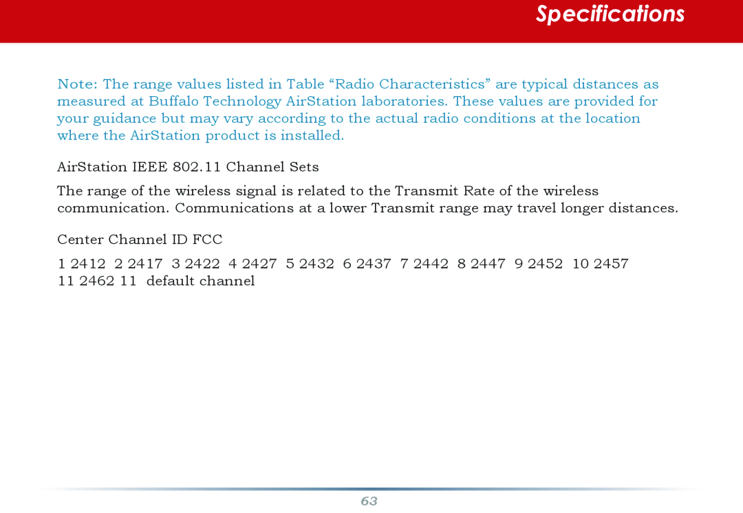 Buffalo Technology WHR-HP-G54 user manual Specifications, AirStation IEEE 802.11 Channel Sets, Center Channel ID FCC 