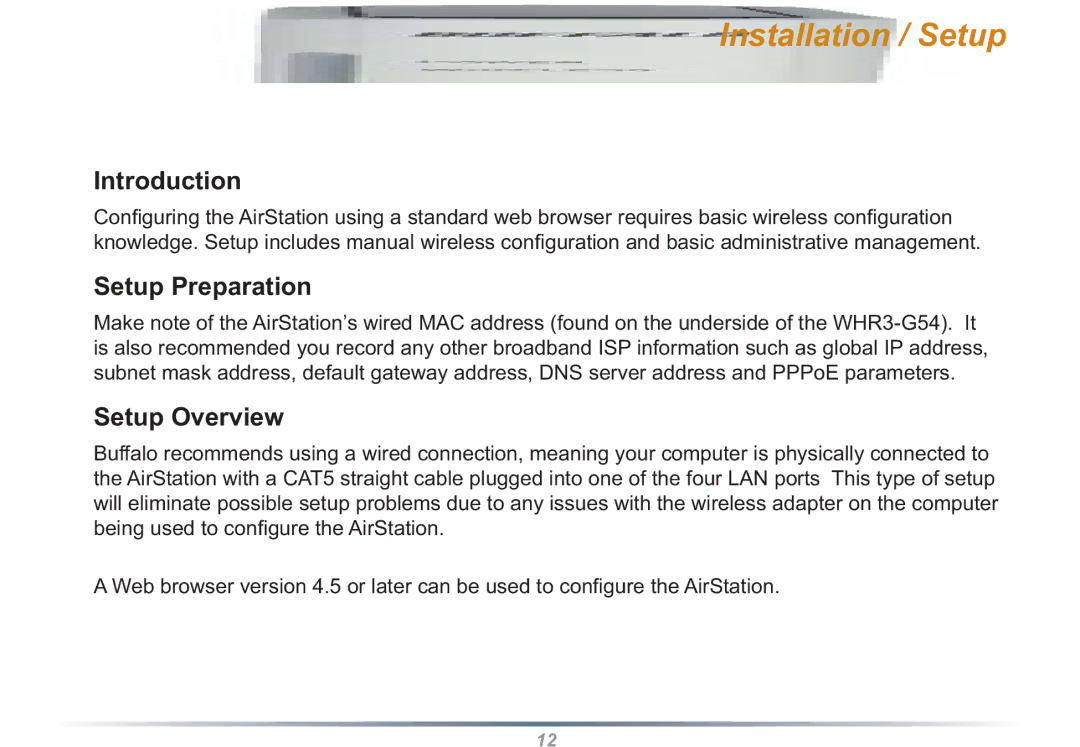 Buffalo Technology WHR3-G54 user manual Introduction, Setup Preparation, Setup Overview 