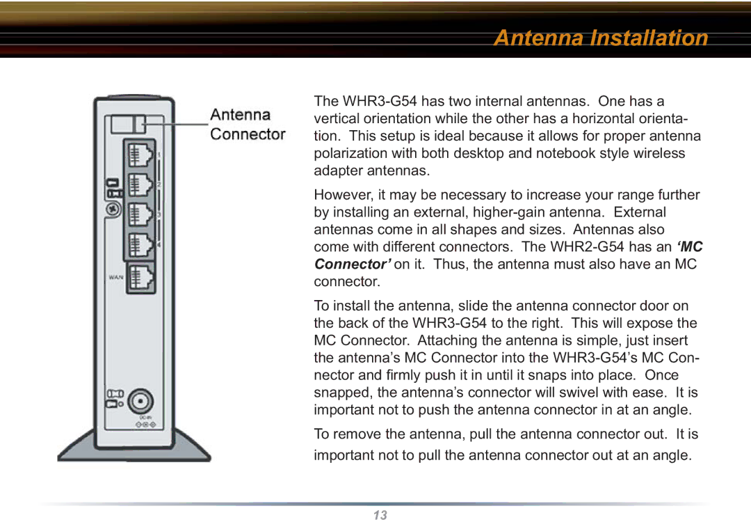 Buffalo Technology WHR3-G54 user manual Antenna Installation 