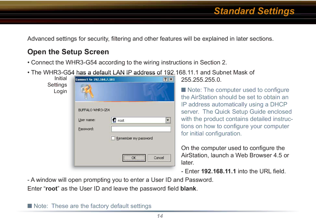 Buffalo Technology WHR3-G54 user manual Standard Settings, Open the Setup Screen 