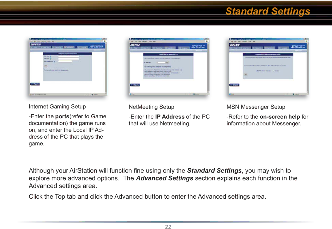 Buffalo Technology WHR3-G54 user manual Refer to the on-screen help for information about Messenger 