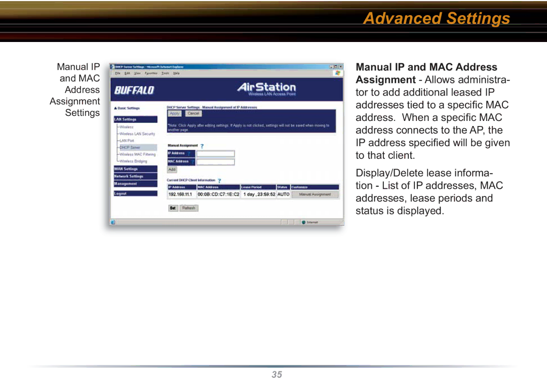 Buffalo Technology WHR3-G54 user manual Manual IP MAC Address Assignment Settings 