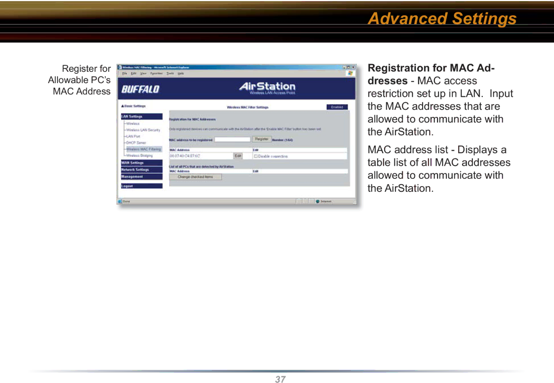 Buffalo Technology WHR3-G54 user manual Register for Allowable PC’s MAC Address 