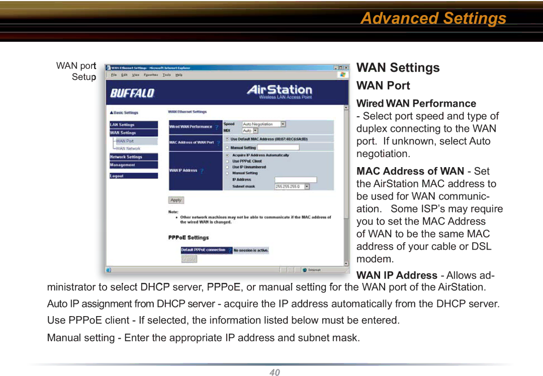 Buffalo Technology WHR3-G54 user manual WAN Settings, WAN Port, Wired WAN Performance 