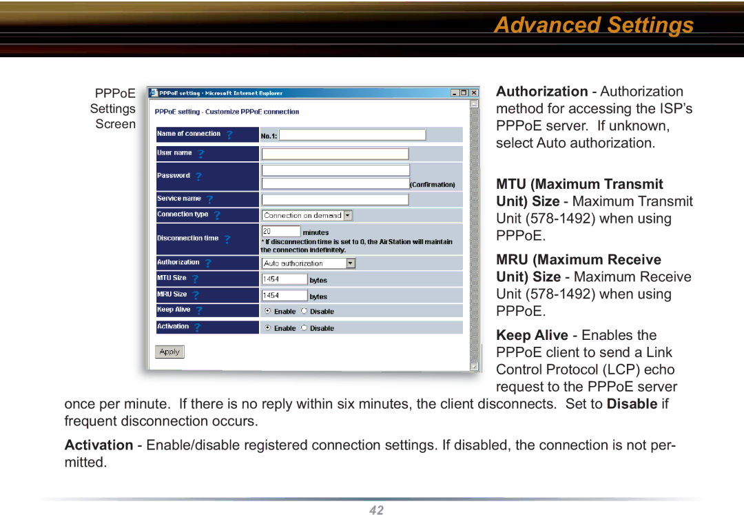 Buffalo Technology WHR3-G54 user manual MTU Maximum Transmit, MRU Maximum Receive 