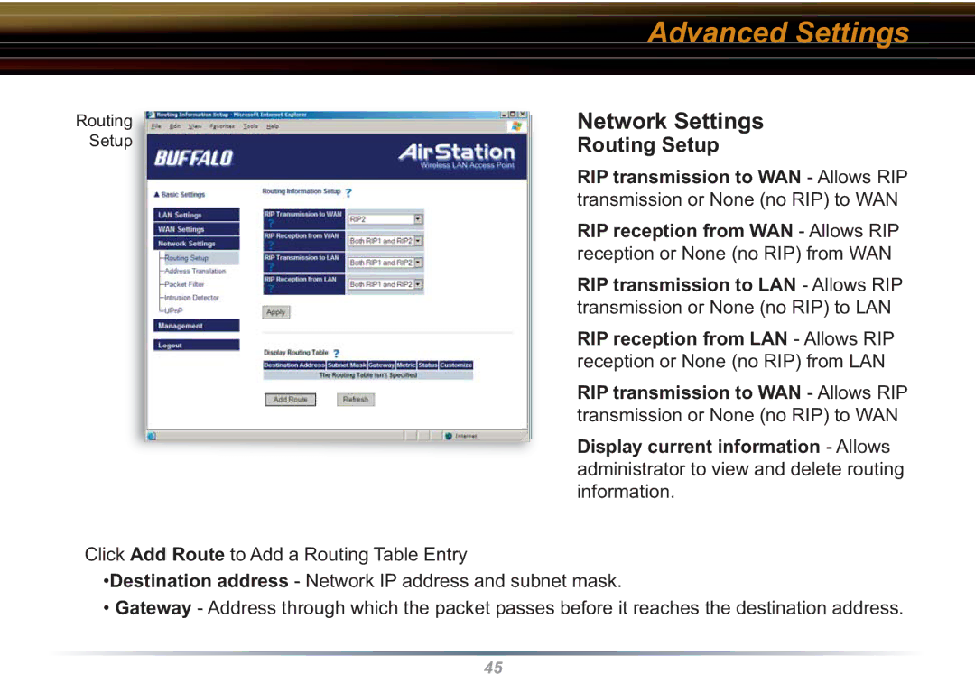 Buffalo Technology WHR3-G54 user manual Network Settings, Routing Setup 