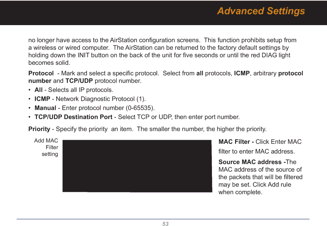 Buffalo Technology WHR3-G54 user manual MAC Filter Click Enter MAC Lter to enter MAC address 