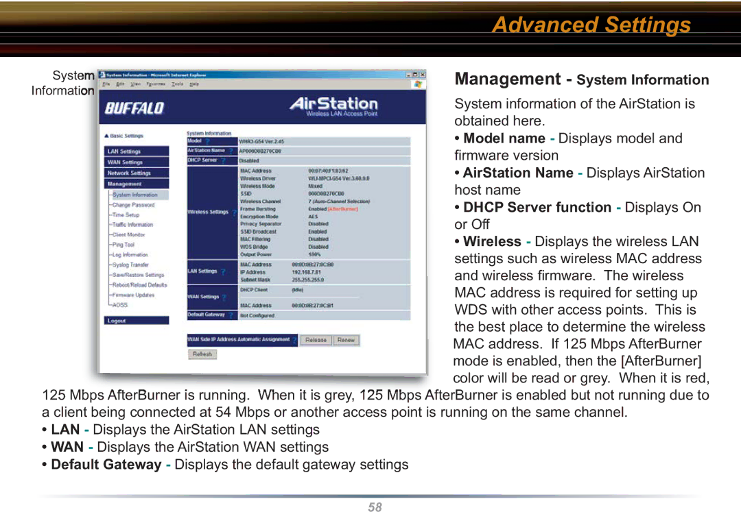 Buffalo Technology WHR3-G54 user manual Management System Information 