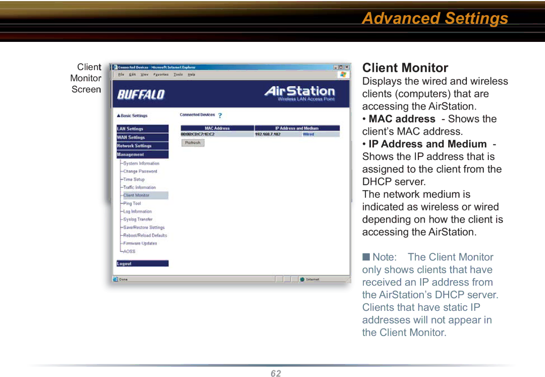 Buffalo Technology WHR3-G54 user manual Client Monitor, IP Address and Medium 