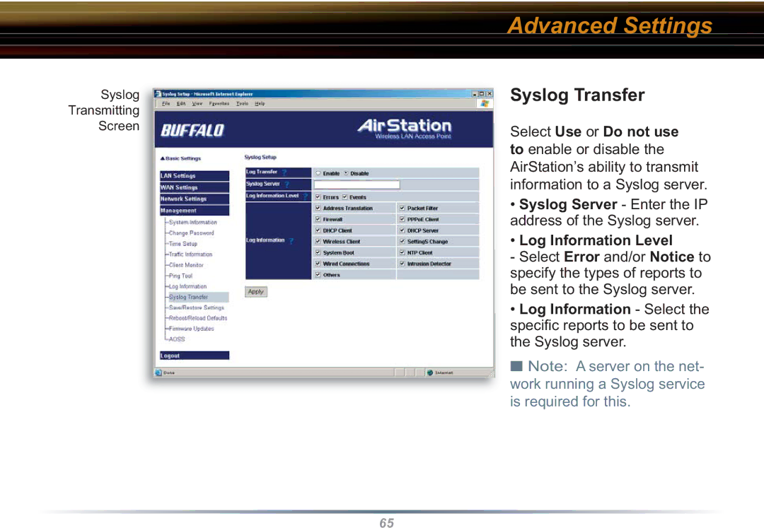 Buffalo Technology WHR3-G54 user manual Syslog Transfer, Log Information Level, Log Information Select 