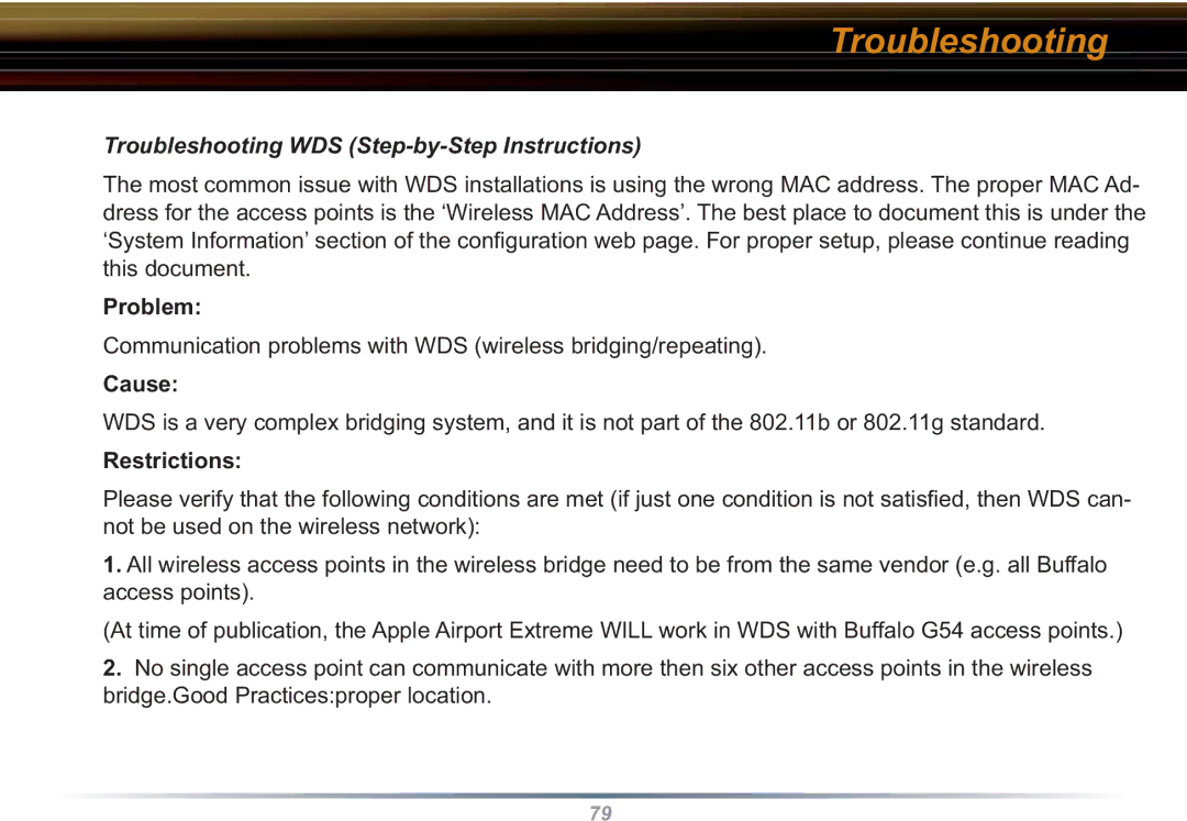 Buffalo Technology WHR3-G54 user manual Problem, Cause, Restrictions 