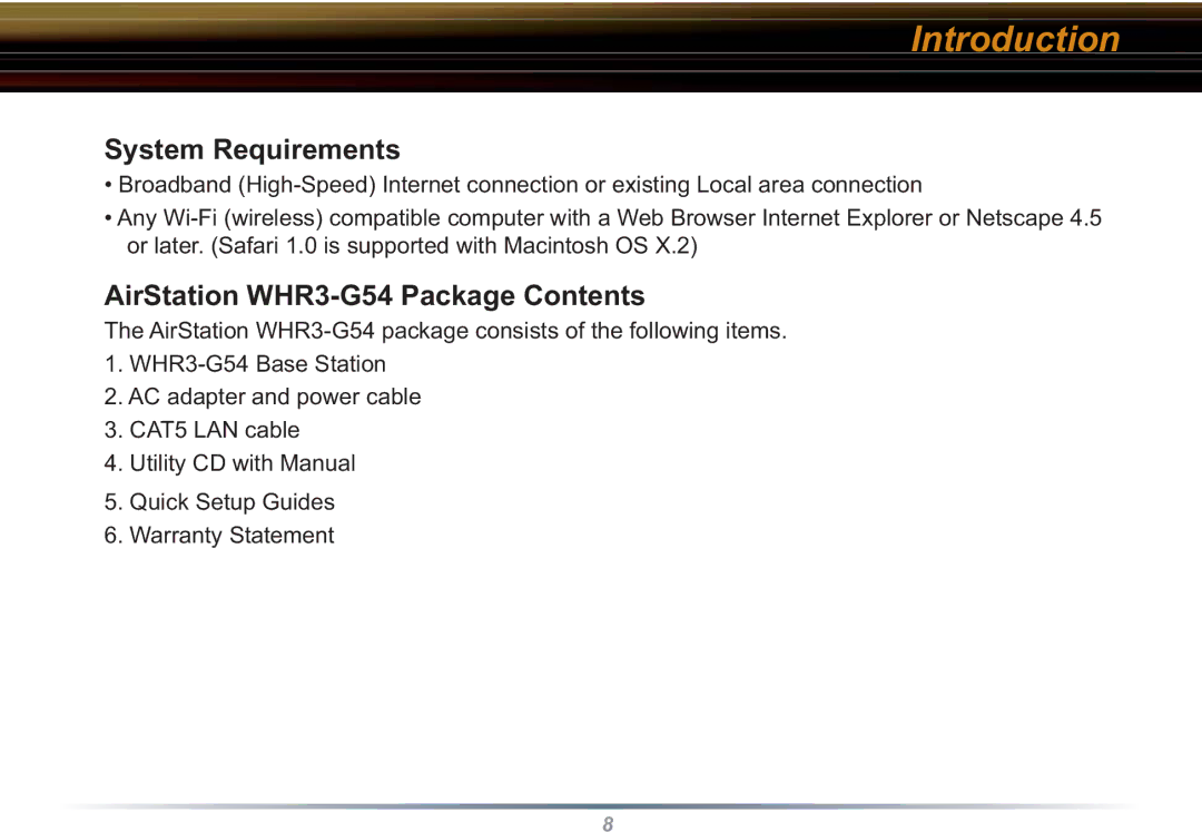 Buffalo Technology user manual System Requirements, AirStation WHR3-G54 Package Contents 