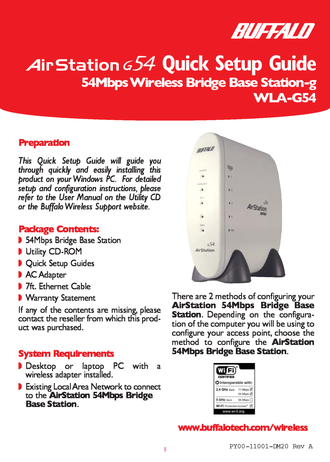 Buffalo Technology WLA-G54 setup guide Preparation, Package Contents, System Requirements, Quick Setup Guide 