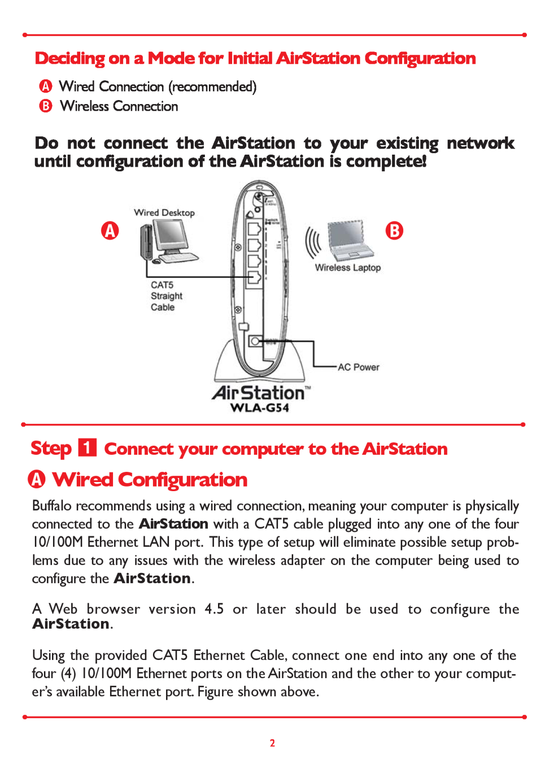 Buffalo Technology WLA-G54 setup guide Wired Configuration, Step Connect your computer to the AirStation 