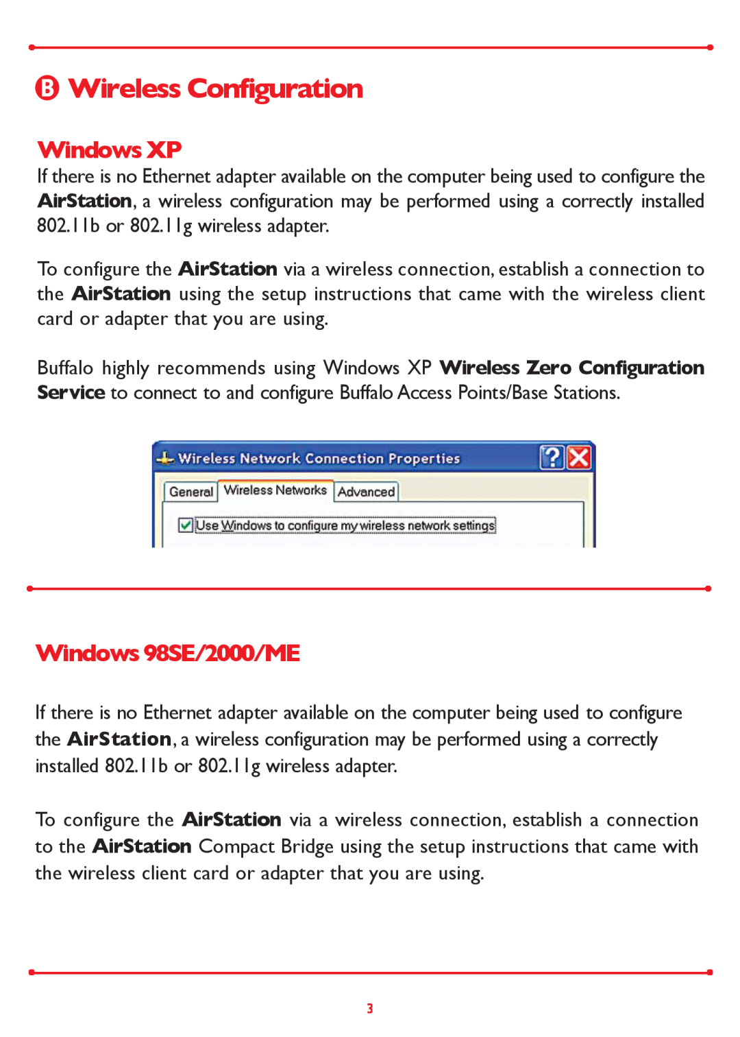 Buffalo Technology WLA-G54 setup guide Wireless Configuration, Windows XP, Windows 98SE/2000/ME 