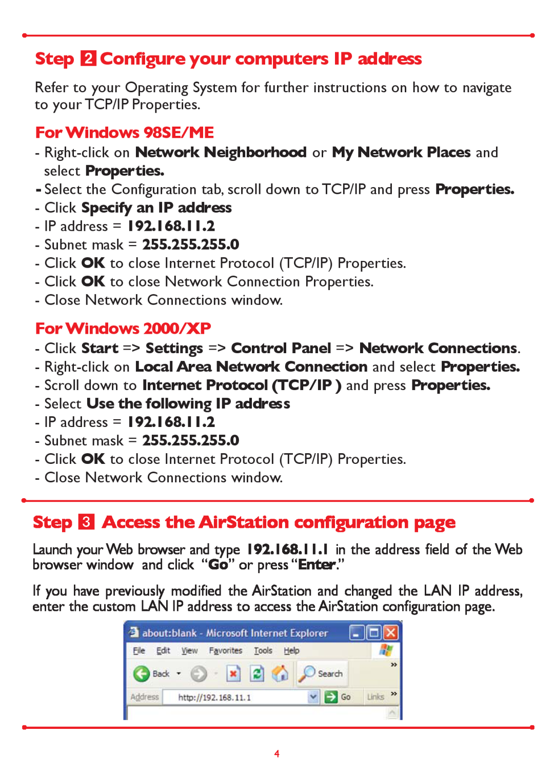 Buffalo Technology WLA-G54 Step Configure your computers IP address, Step Access the AirStation configuration page 