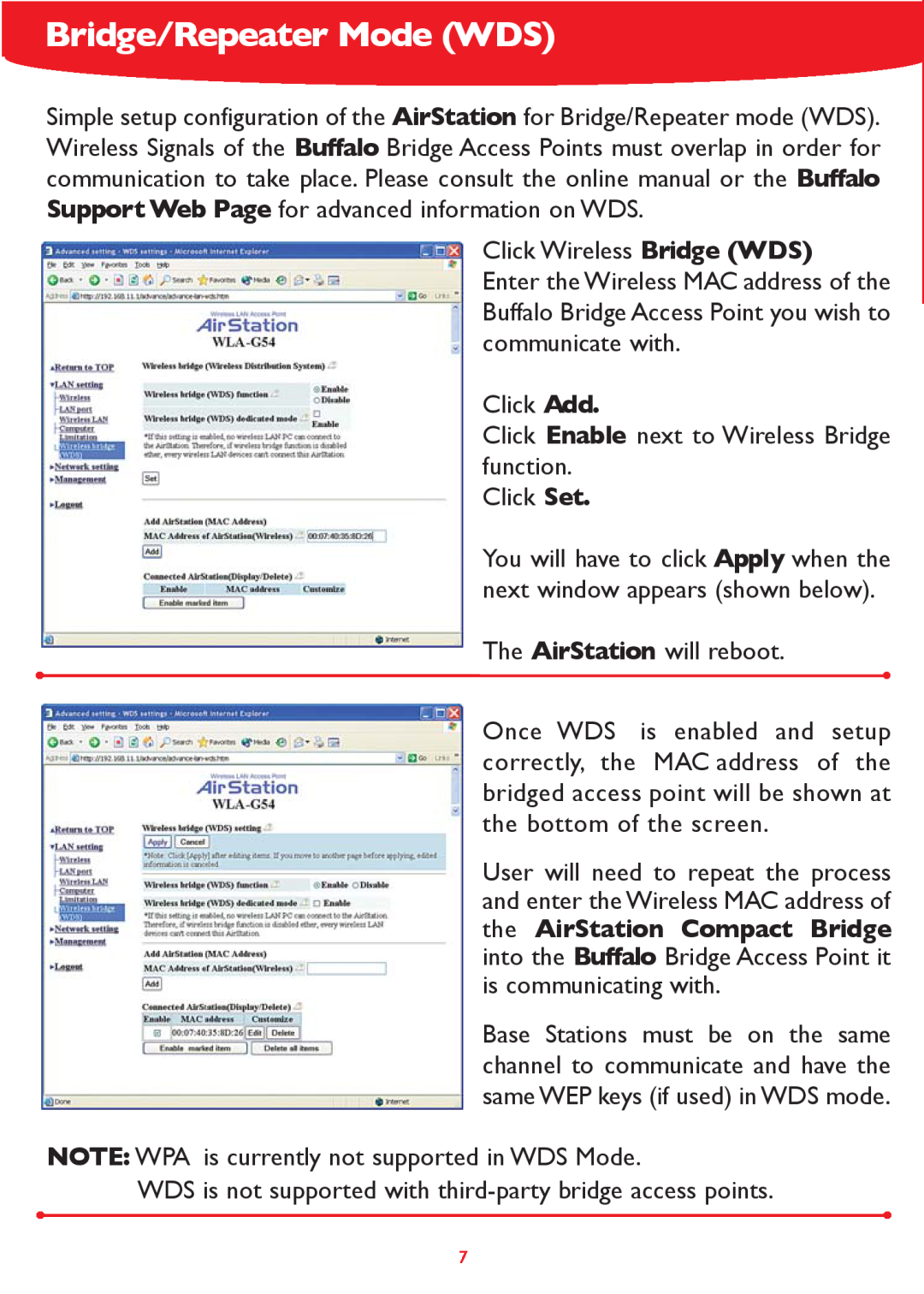 Buffalo Technology WLA-G54 setup guide Bridge/Repeater Mode WDS 