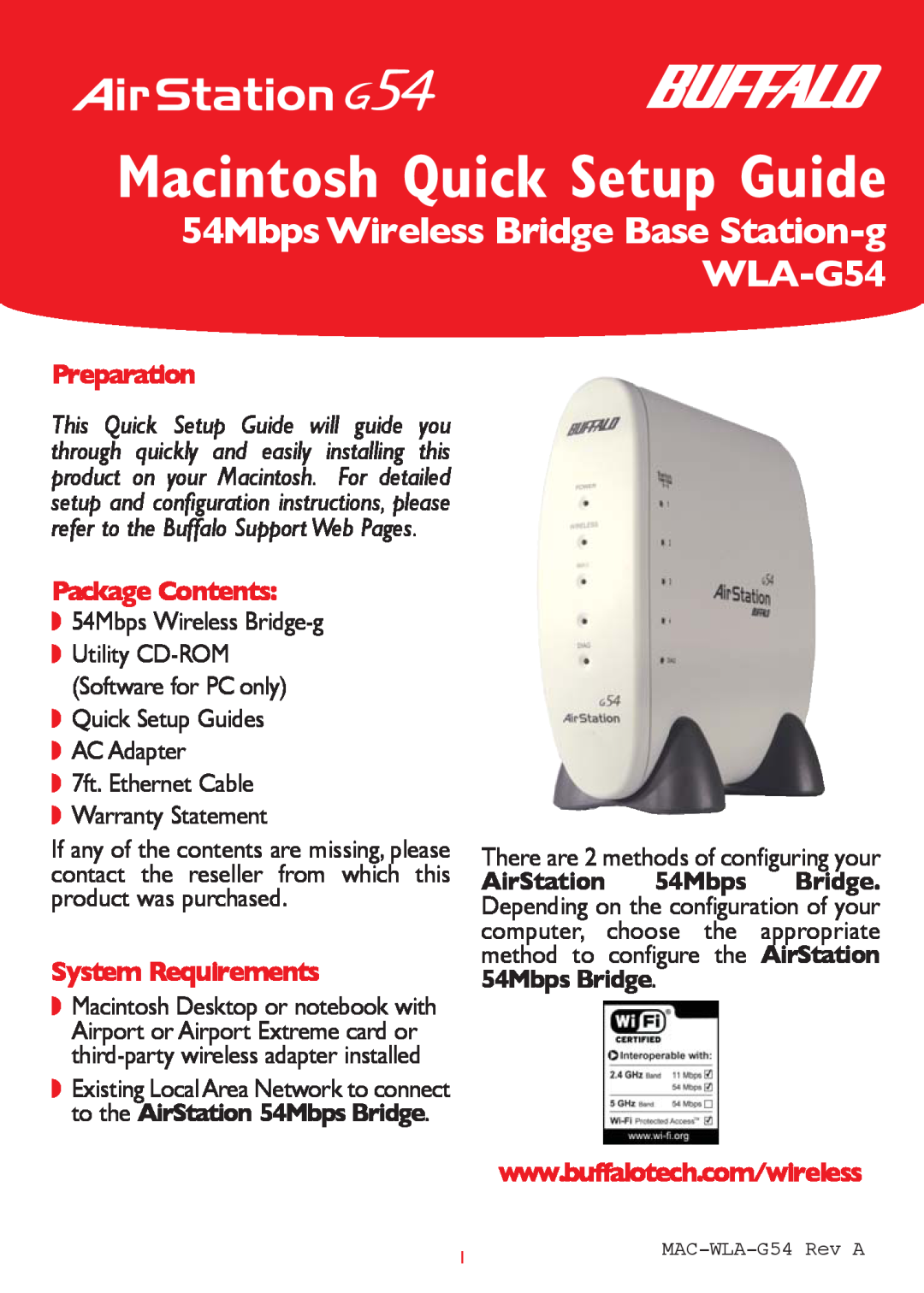 Buffalo Technology WLA-G54 manual Preparation, Package Contents, System Requirements, Quick Setup Guide 