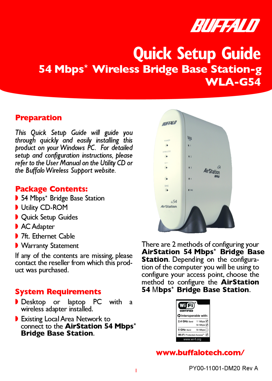 Buffalo Technology WLA-G54 setup guide Preparation, Package Contents, System Requirements, Quick Setup Guide 