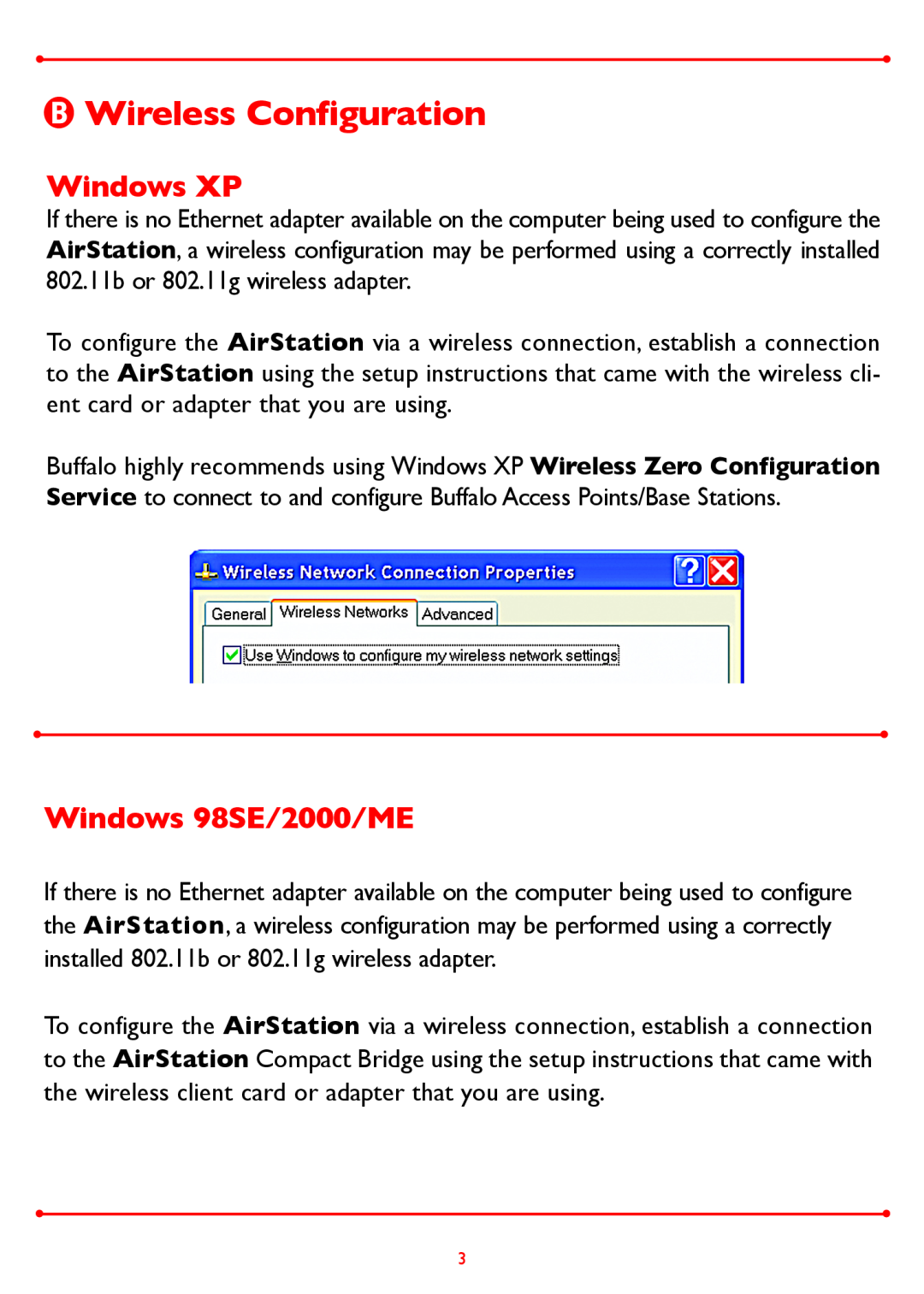 Buffalo Technology WLA-G54 manual Wireless Configuration, Windows XP, Windows 98SE/2000/ME 