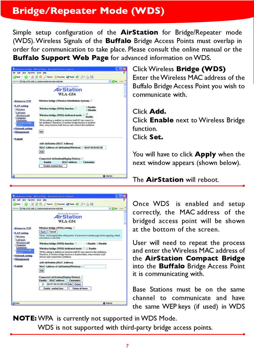 Buffalo Technology WLA-G54 manual Bridge/Repeater Mode WDS 