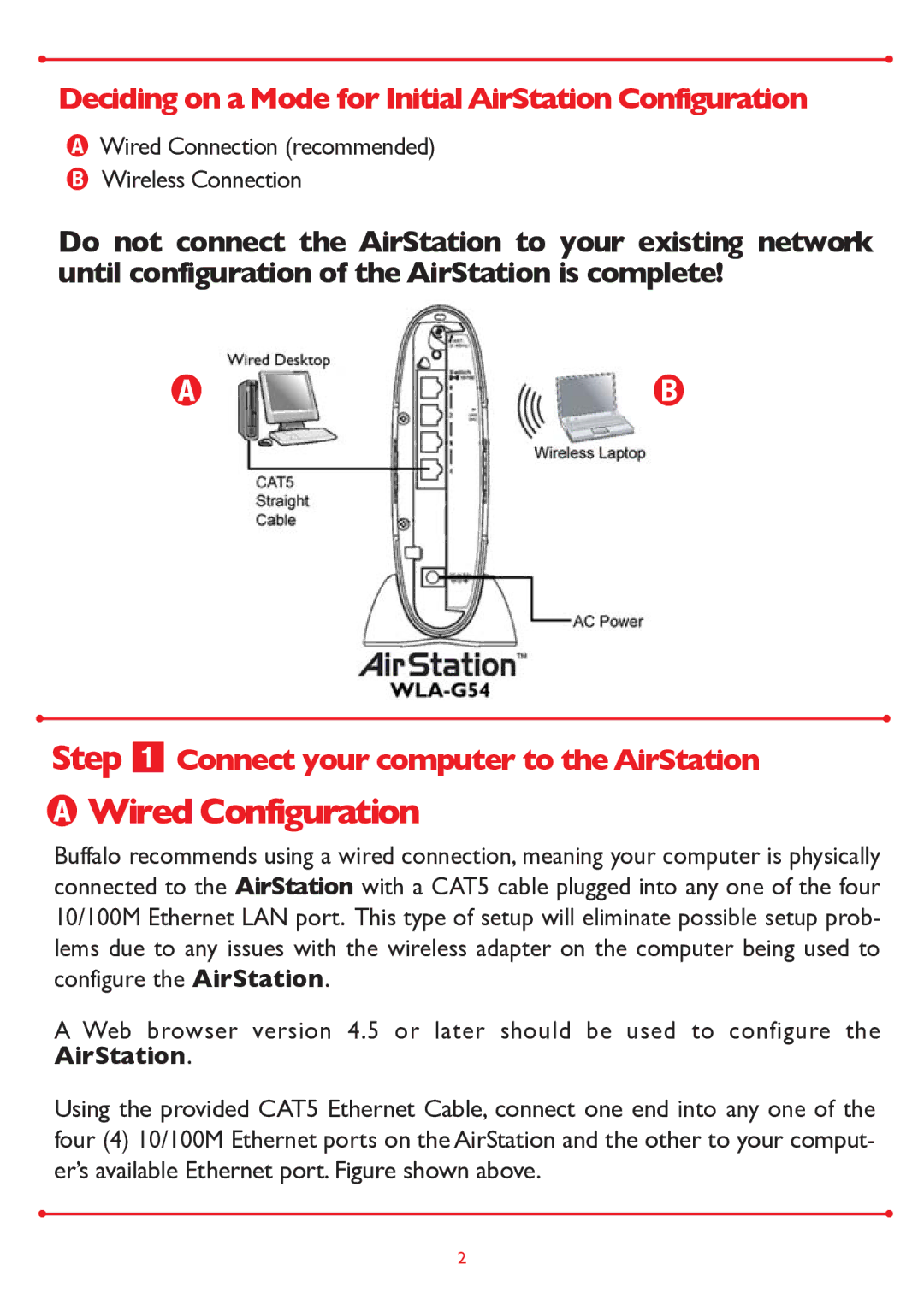 Buffalo Technology WLA-G54 setup guide Wired Configuration, Deciding on a Mode for Initial AirStation Configuration 