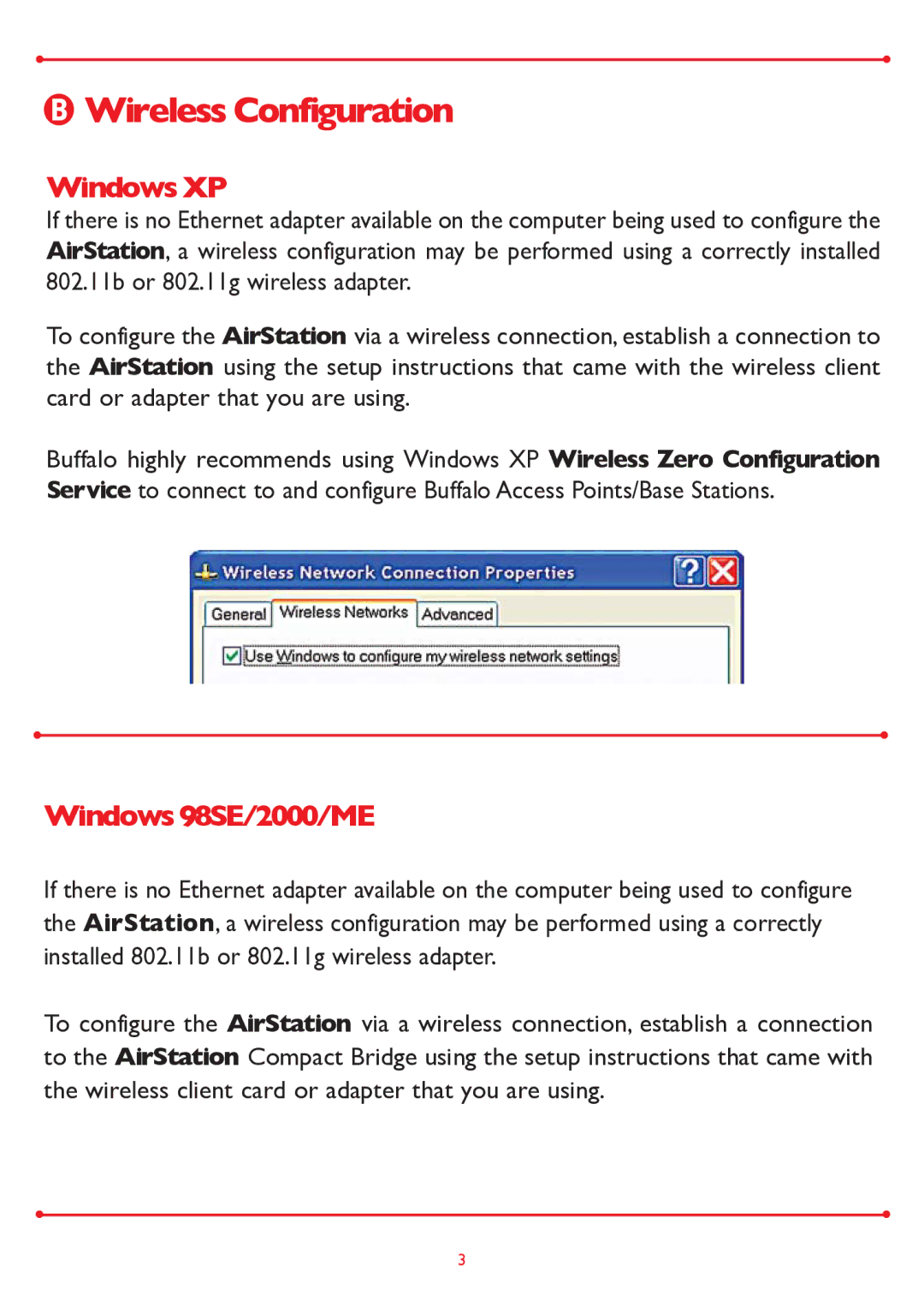 Buffalo Technology WLA-G54 setup guide Wireless Configuration, Windows XP, Windows 98SE/2000/ME 