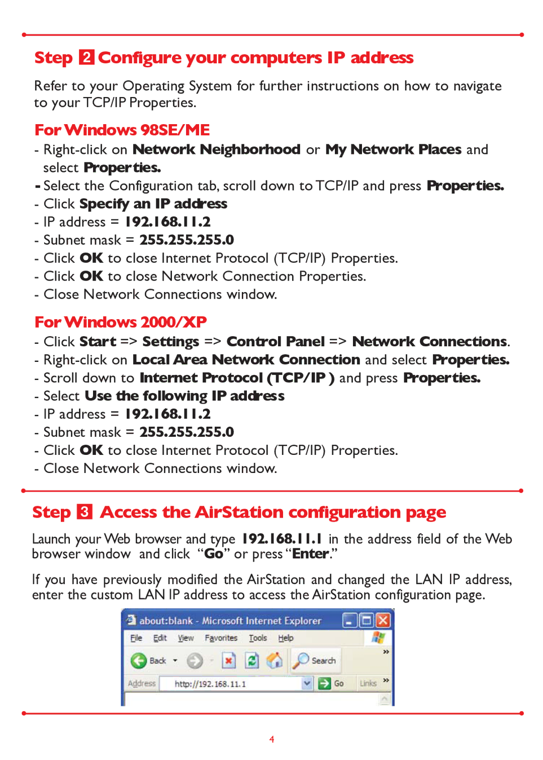 Buffalo Technology WLA-G54 setup guide Step Configure your computers IP address, Step Access the AirStation configuration 