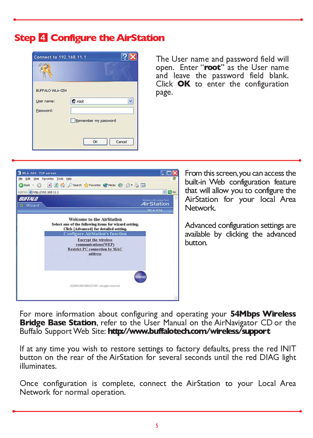 Buffalo Technology WLA-G54 setup guide Step Configure theAirStation 