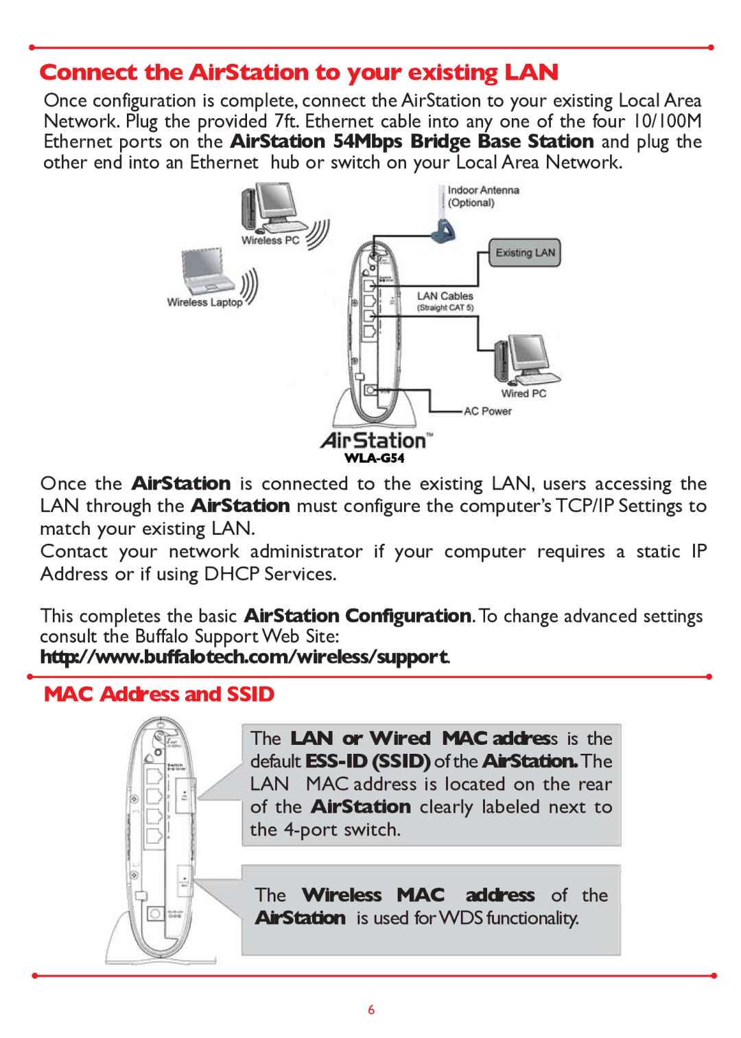 Buffalo Technology WLA-G54 setup guide Connect the AirStation to your existing LAN, MAC Address and Ssid 