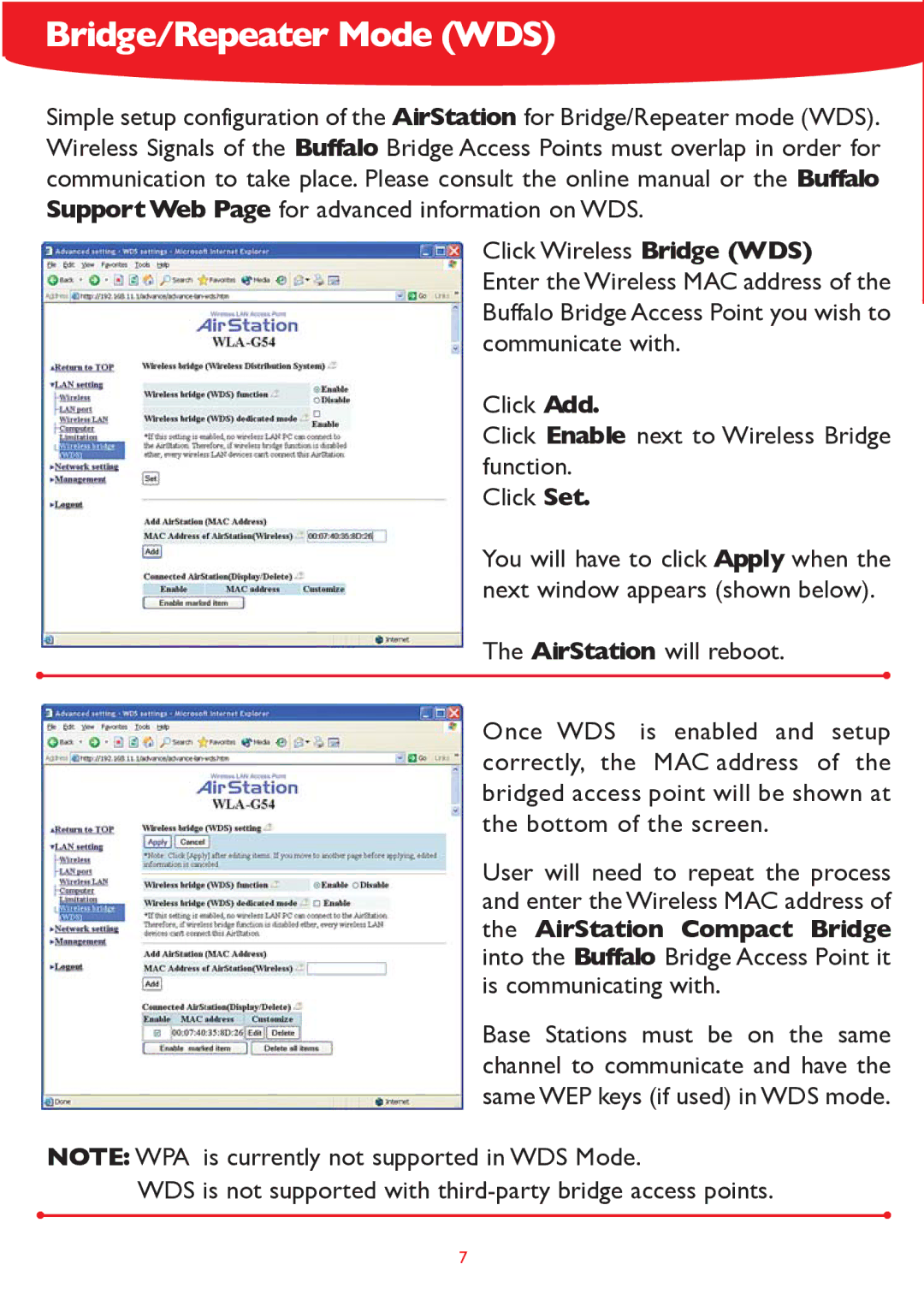 Buffalo Technology WLA-G54 setup guide Bridge/Repeater Mode WDS 