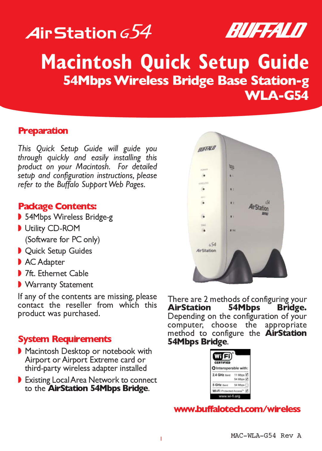 Buffalo Technology WLA-G54 setup guide Preparation, Package Contents, System Requirements 