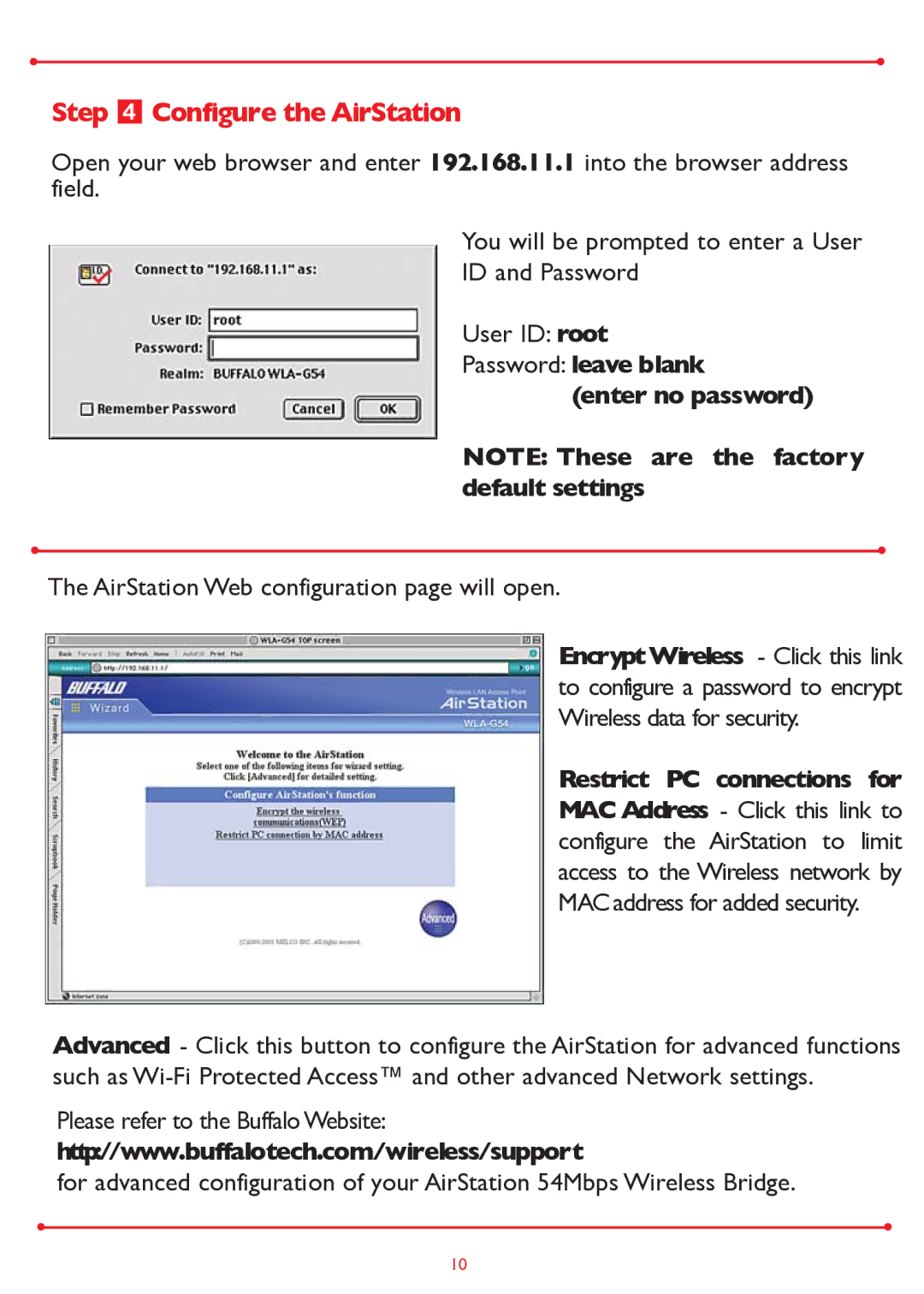 Buffalo Technology WLA-G54 setup guide Step Configure the AirStation, AirStation Web configuration page will open 