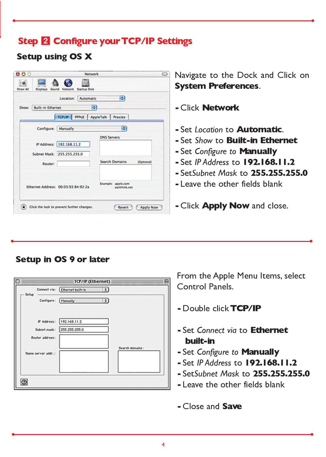 Buffalo Technology WLA-G54 setup guide Step Configure yourTCP/IP Settings, Setup using OS, Setup in OS 9 or later 