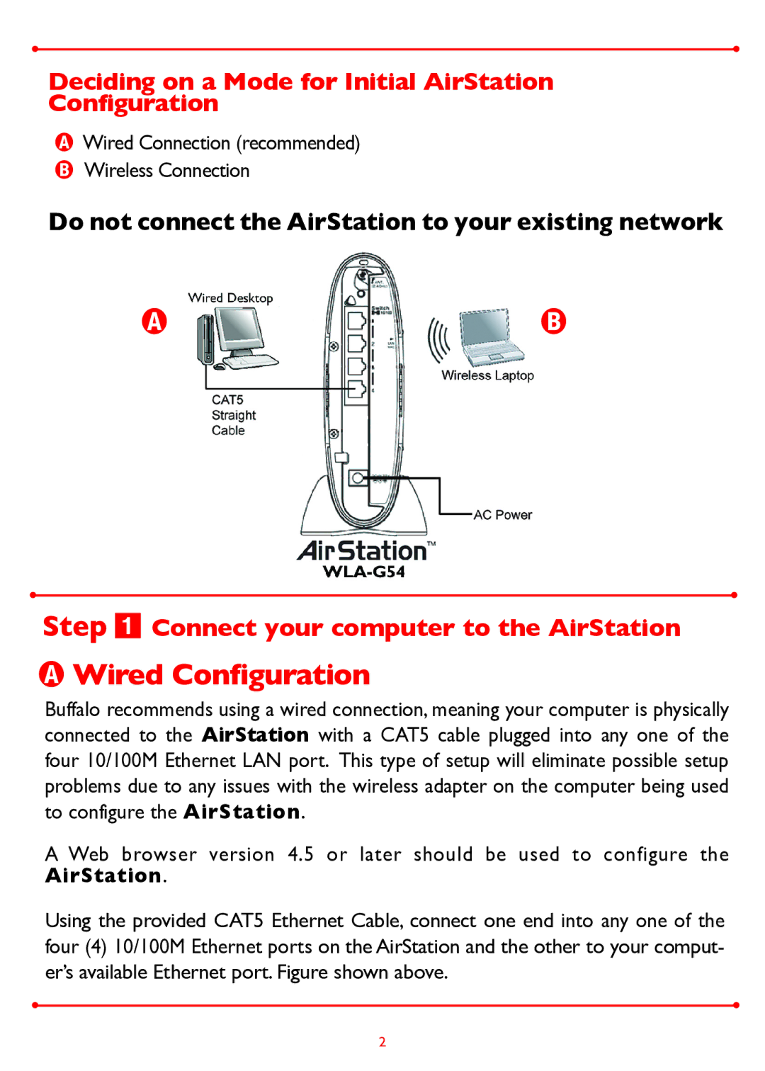 Buffalo Technology WLA-G54 manual  Wired Configuration, Deciding on a Mode for Initial AirStation Configuration 