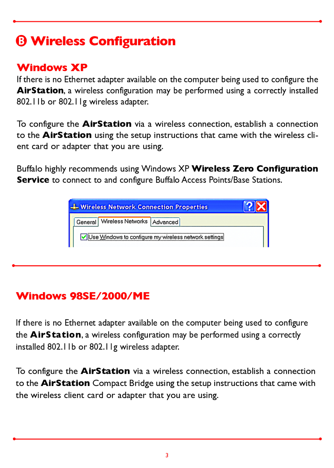 Buffalo Technology WLA-G54 manual  Wireless Configuration, Windows XP, Windows 98SE/2000/ME 