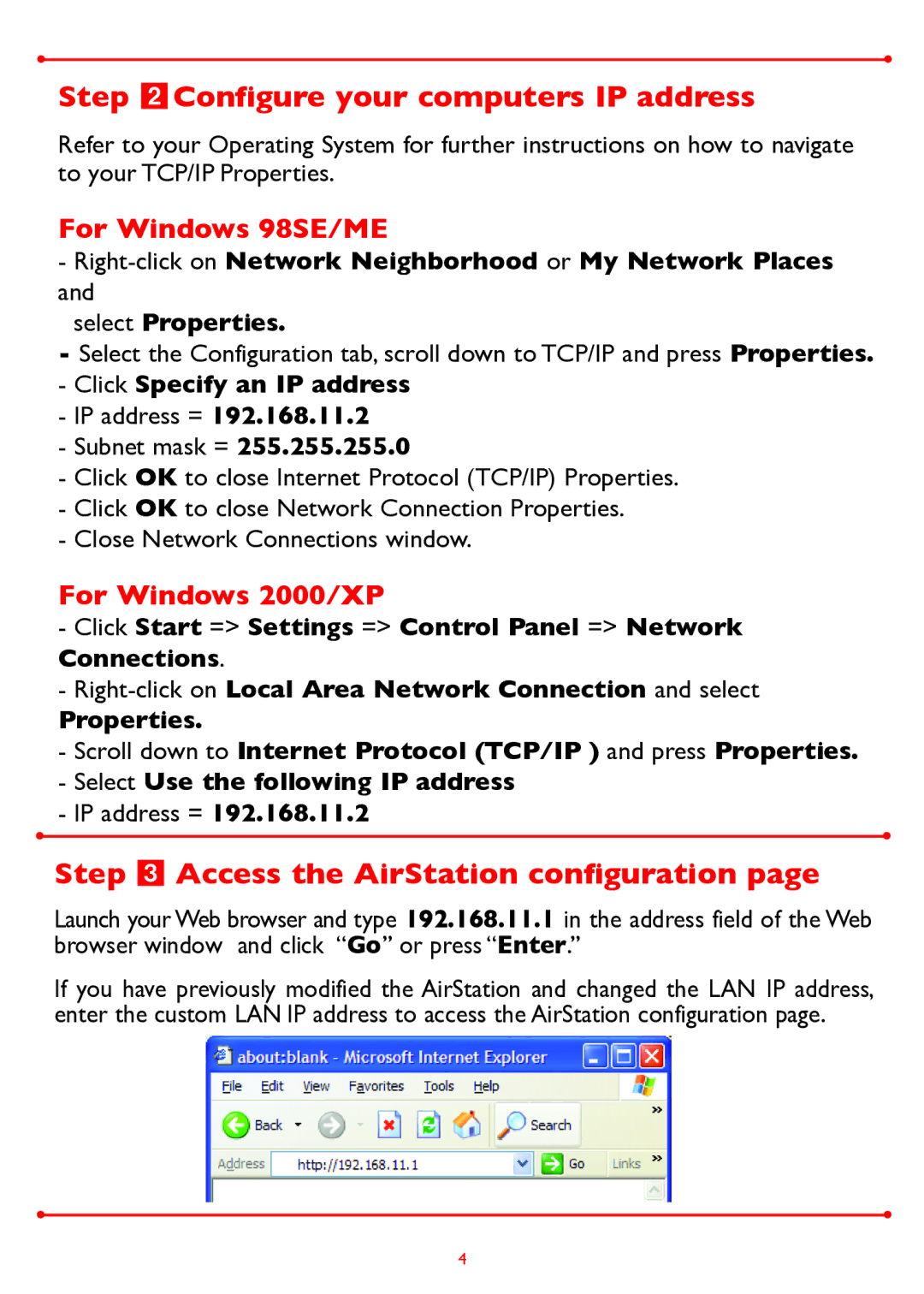 Buffalo Technology WLA-G54 manual Step Configure your computers IP address, Step  Access the AirStation configuration 