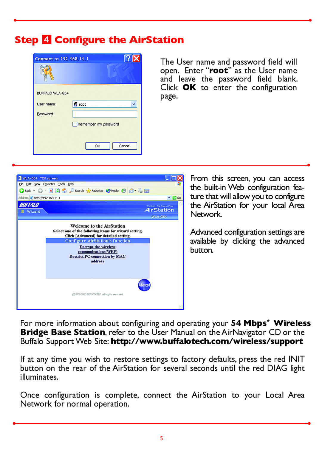 Buffalo Technology WLA-G54 manual Step  Configure the AirStation 