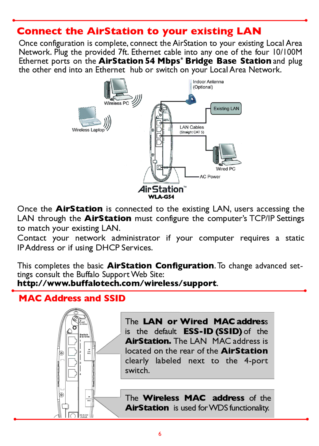 Buffalo Technology WLA-G54 manual Connect the AirStation to your existing LAN, MAC Address and Ssid 