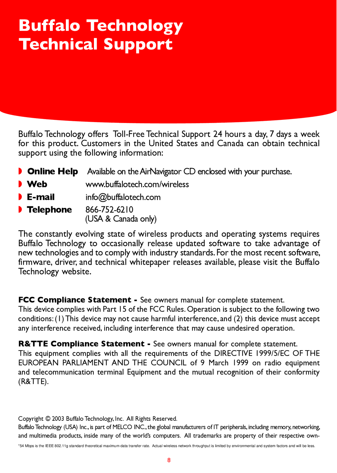 Buffalo Technology WLA-G54 manual Buffalo Technology Technical Support 