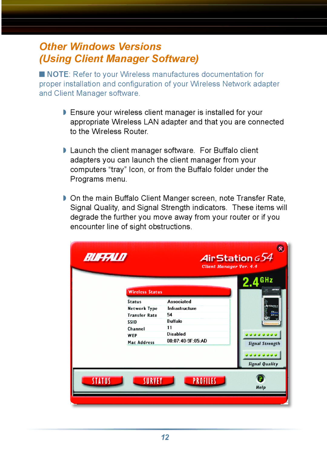 Buffalo Technology WLA-G54C, WRB-G54K manual Other Windows Versions Using Client Manager Software 