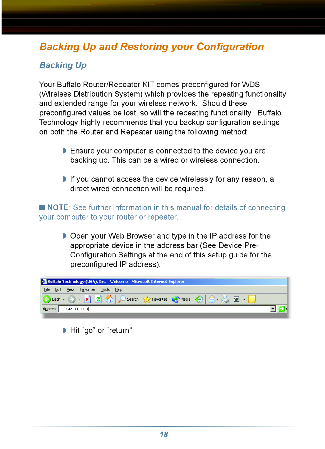 Buffalo Technology WLA-G54C, WRB-G54K manual Backing Up and Restoring your Conﬁguration 