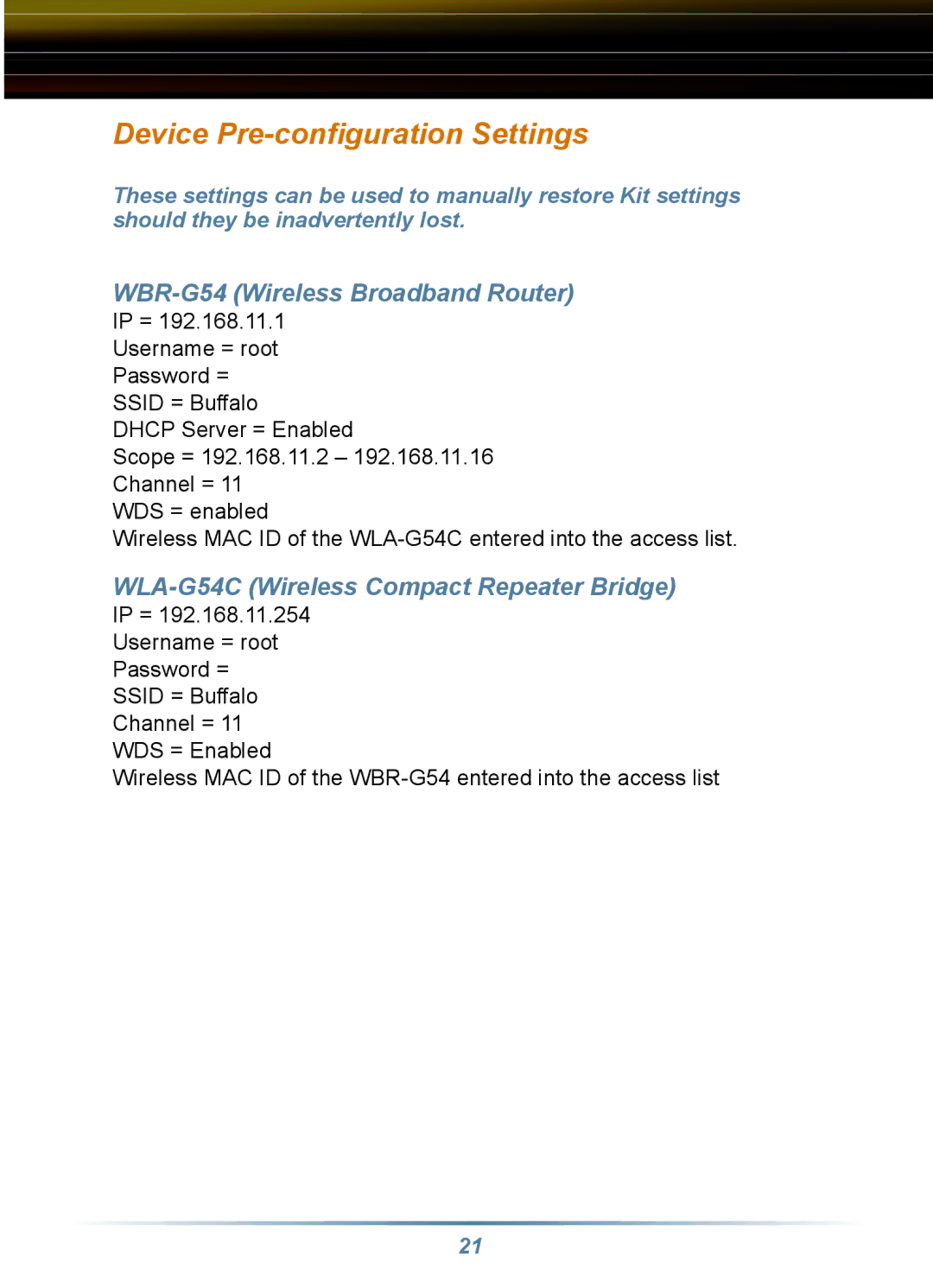 Buffalo Technology WRB-G54K, WLA-G54C manual Device Pre-conﬁguration Settings, WBR-G54 Wireless Broadband Router 