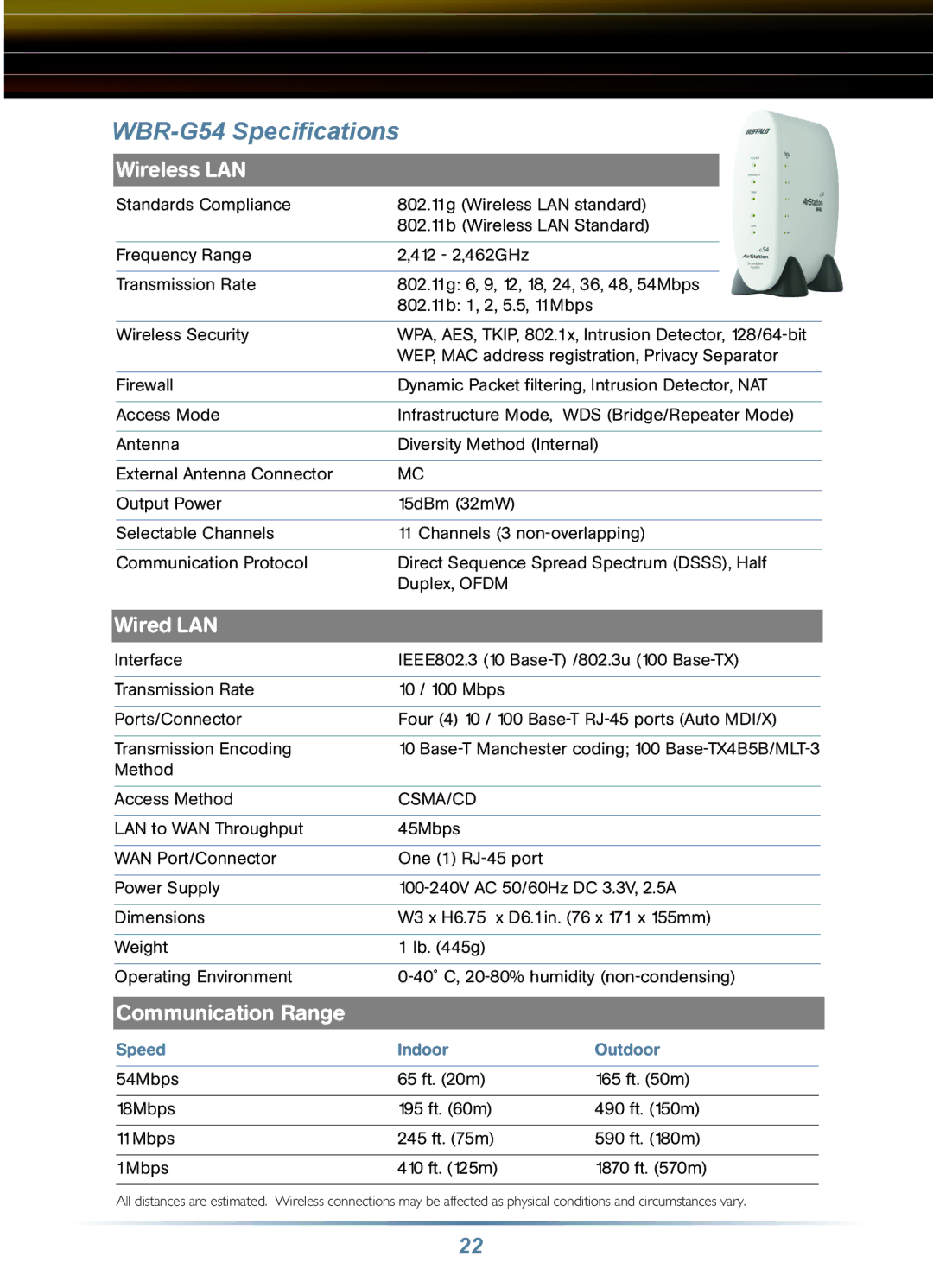 Buffalo Technology WLA-G54C, WRB-G54K manual WBR-G54 Speciﬁcations, Wireless LAN 