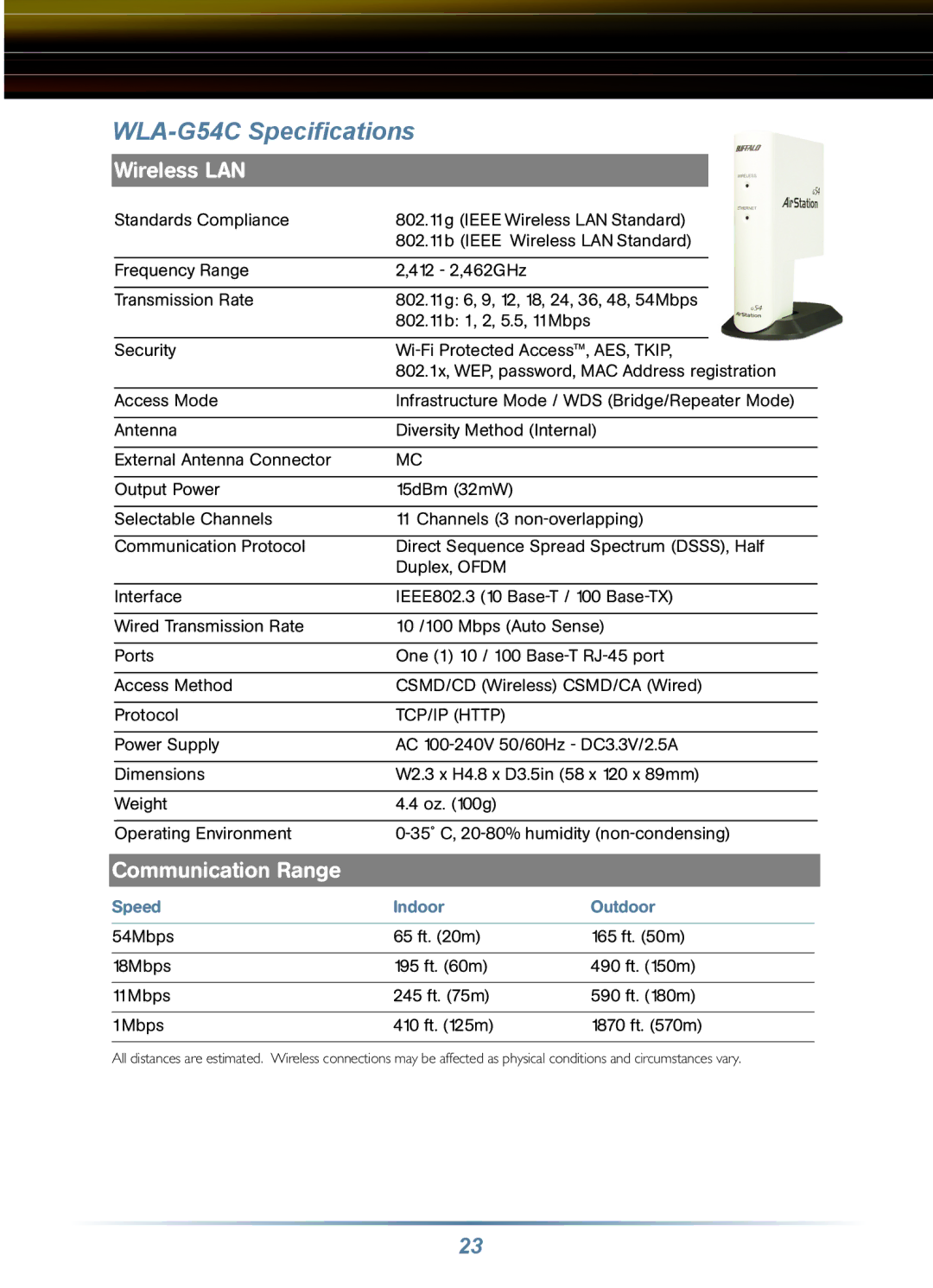 Buffalo Technology WRB-G54K manual WLA-G54C Speciﬁcations, TCP/IP Http 