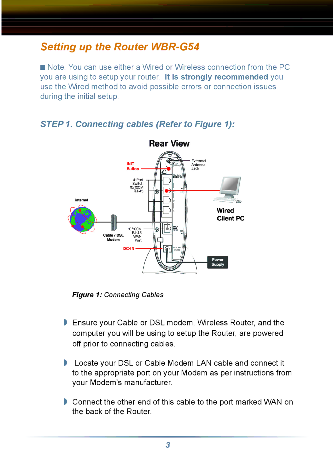 Buffalo Technology WRB-G54K, WLA-G54C manual Setting up the Router WBR-G54, Connecting cables Refer to Figure 